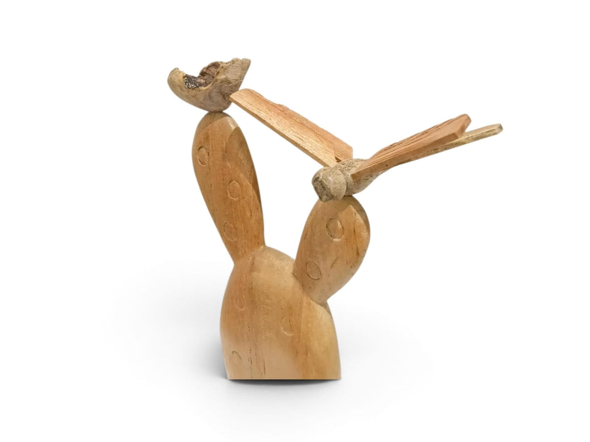 Hand-Carved Wooden Cactus with Dragonfly Sculpture