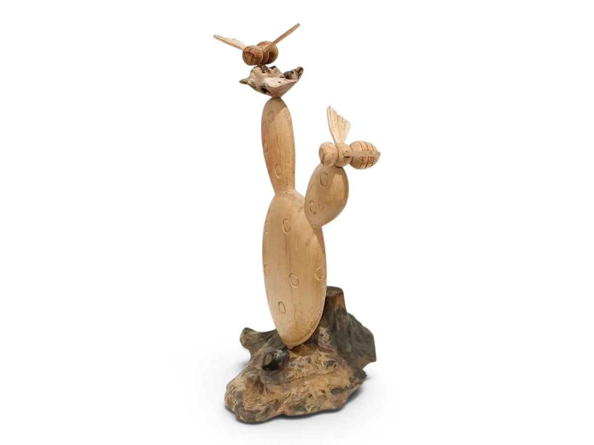 Hand-Carved Wooden Cactus with Two Bees Sculpture
