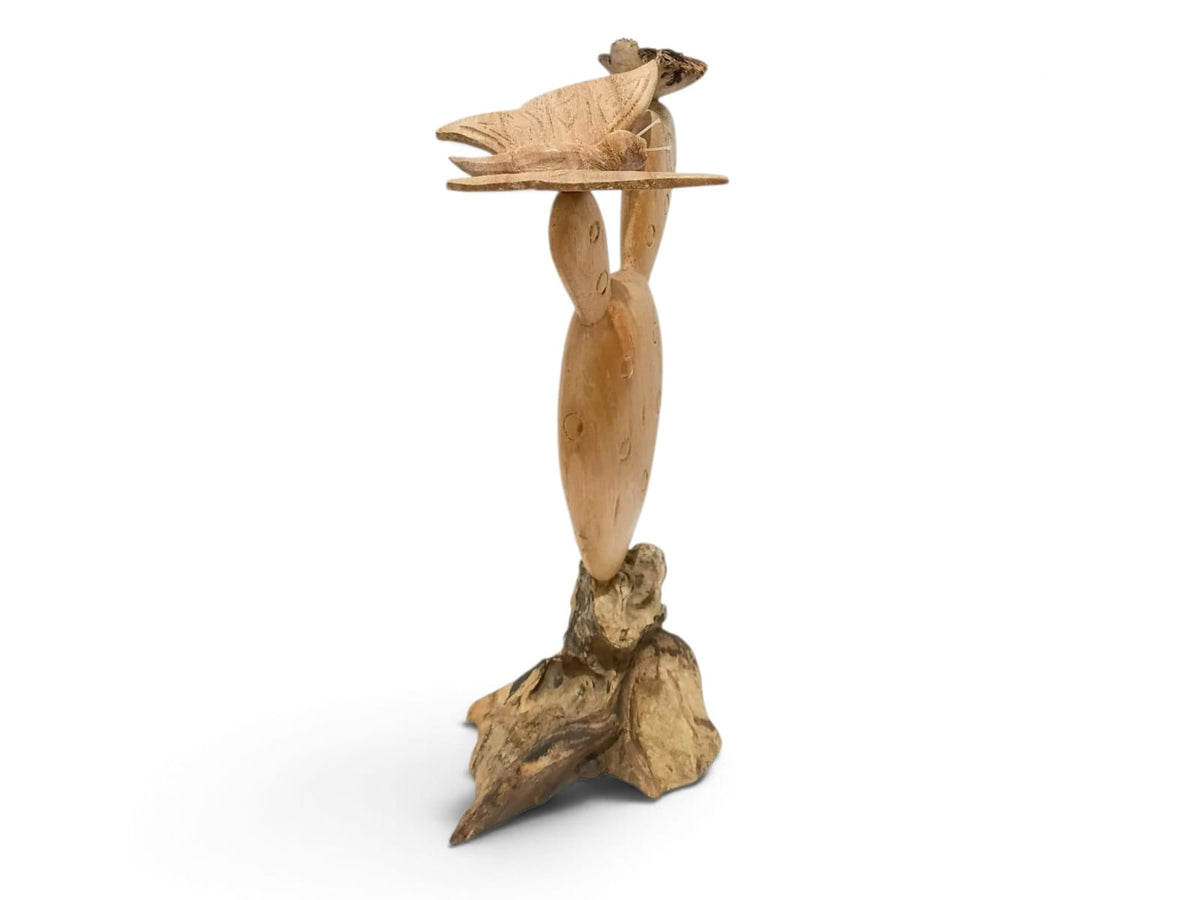 Hand-Carved Wooden Cactus with Butterfly and Flower Sculpture