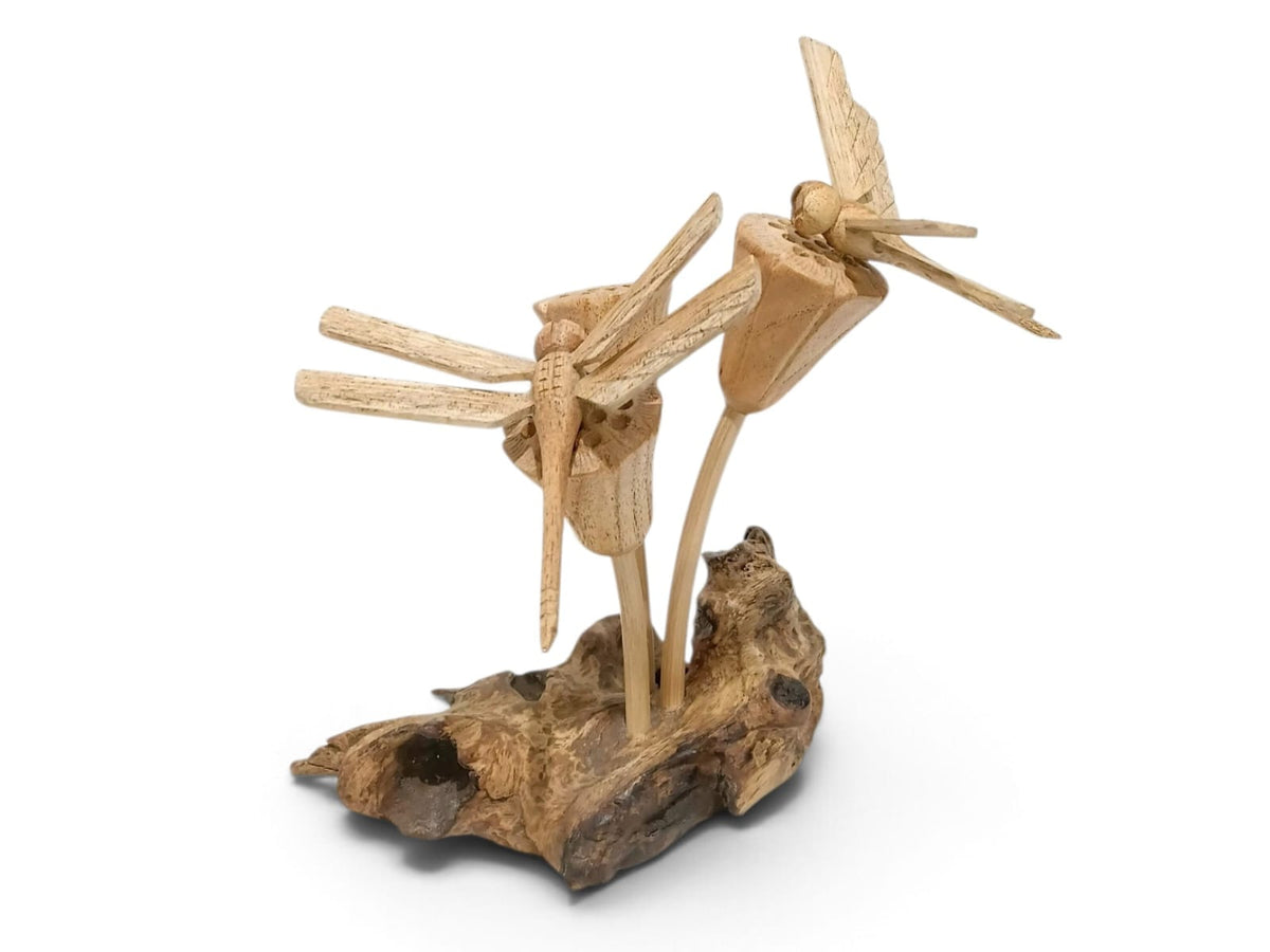 Hand-Carved Wooden Lotus Seed Pods with Two Dragonflies Sculpture