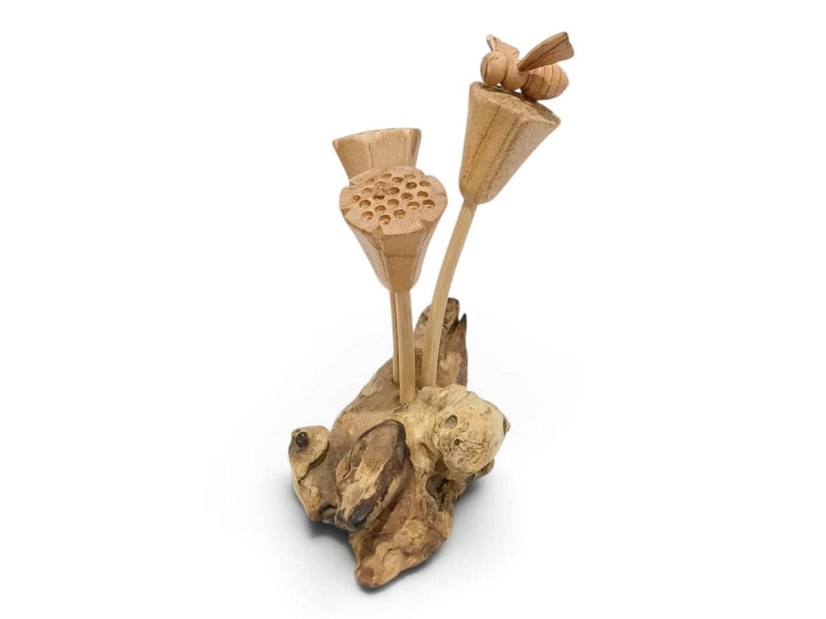 Hand-Carved Wooden Lotus Seed Pods with Bee Sculpture