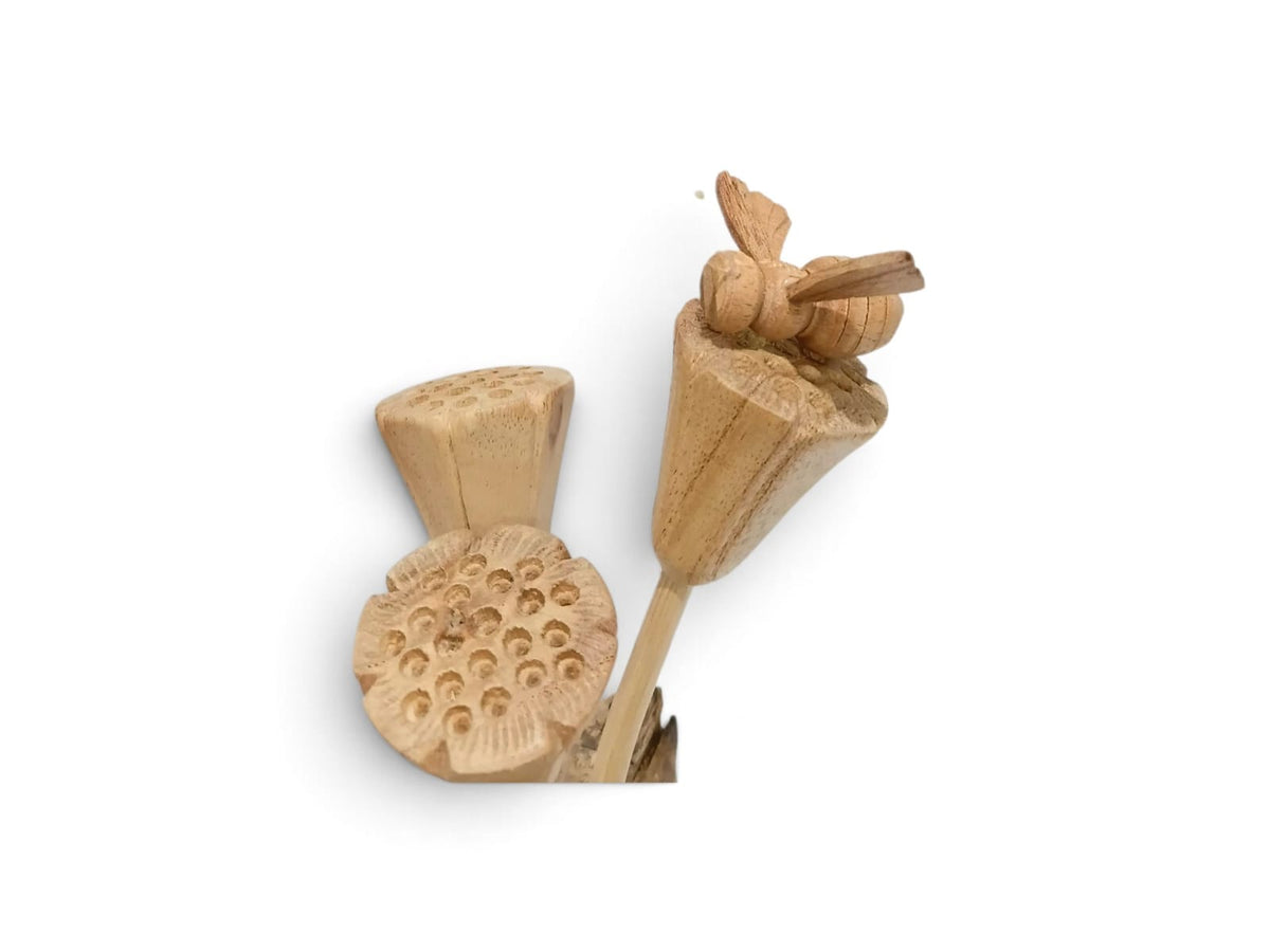 Hand-Carved Wooden Lotus Seed Pods with Bee Sculpture