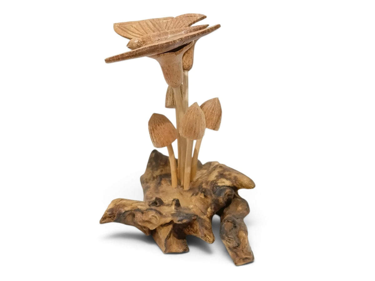 Hand-Carved Wooden Butterfly and Mushroom Cluster Sculpture