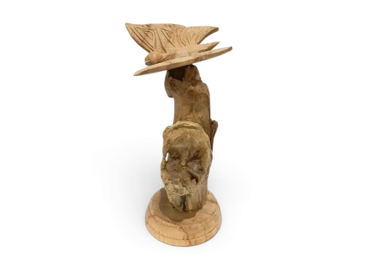 Hand-Carved Wooden Butterfly Sculpture on Natural Wood Stand