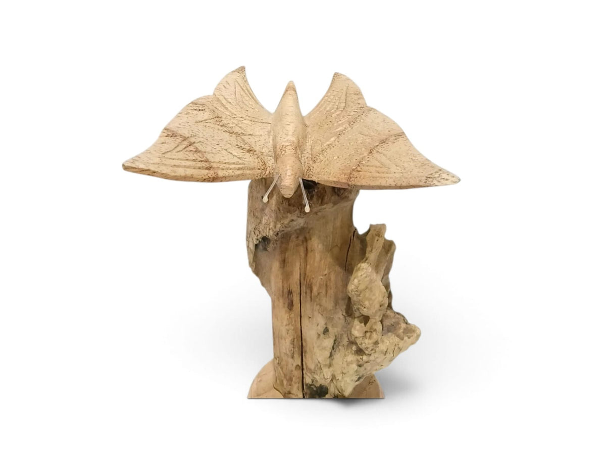 Hand-Carved Wooden Butterfly Sculpture on Natural Wood Stand