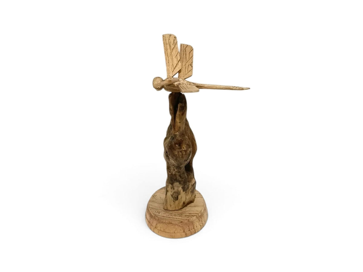 Hand-Carved Wooden Dragonfly Sculpture on Natural Wood Stand