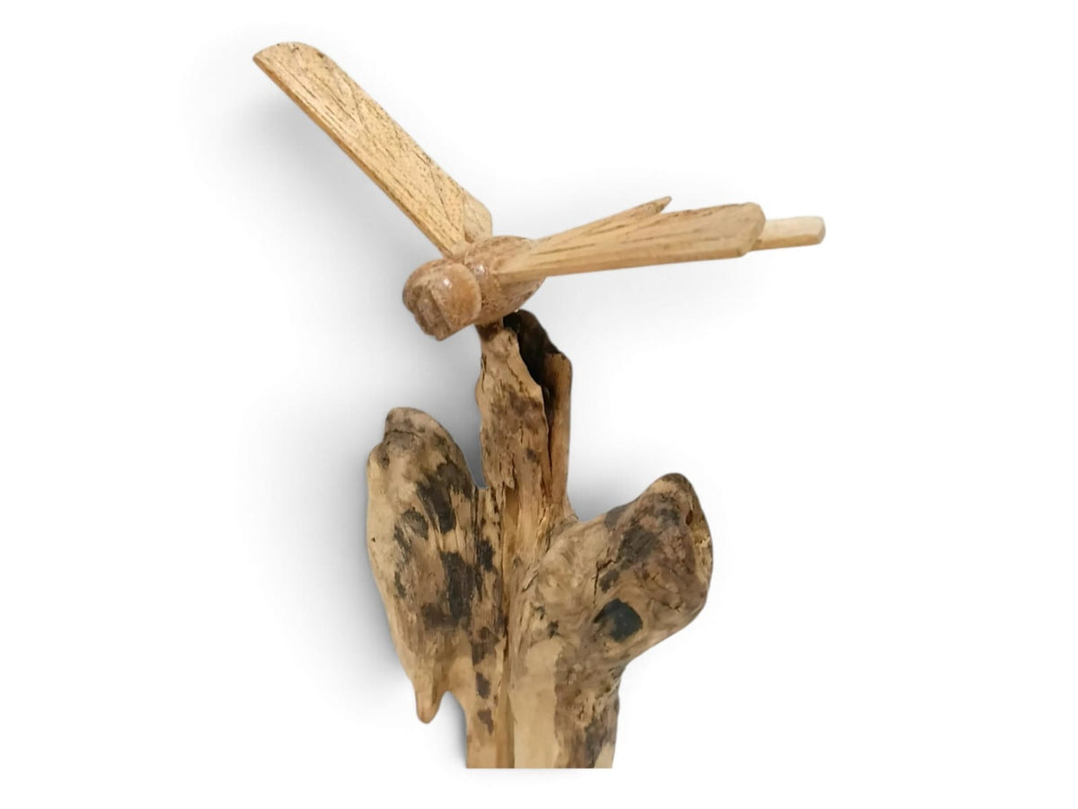 Hand-Carved Wooden Dragonfly Sculpture on Natural Wood Stand