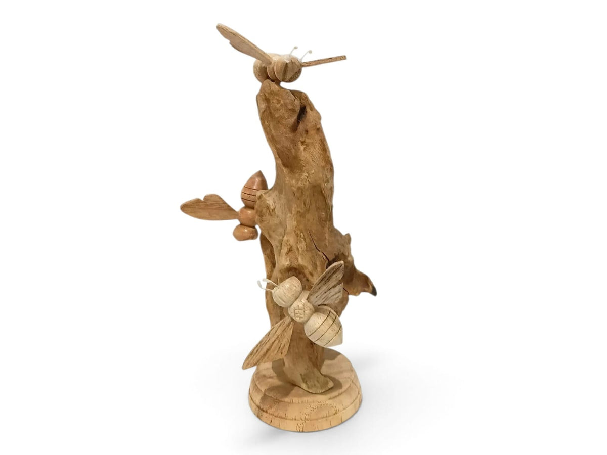 Hand-Carved Wooden Three Bees Sculpture on Natural Wood Stand