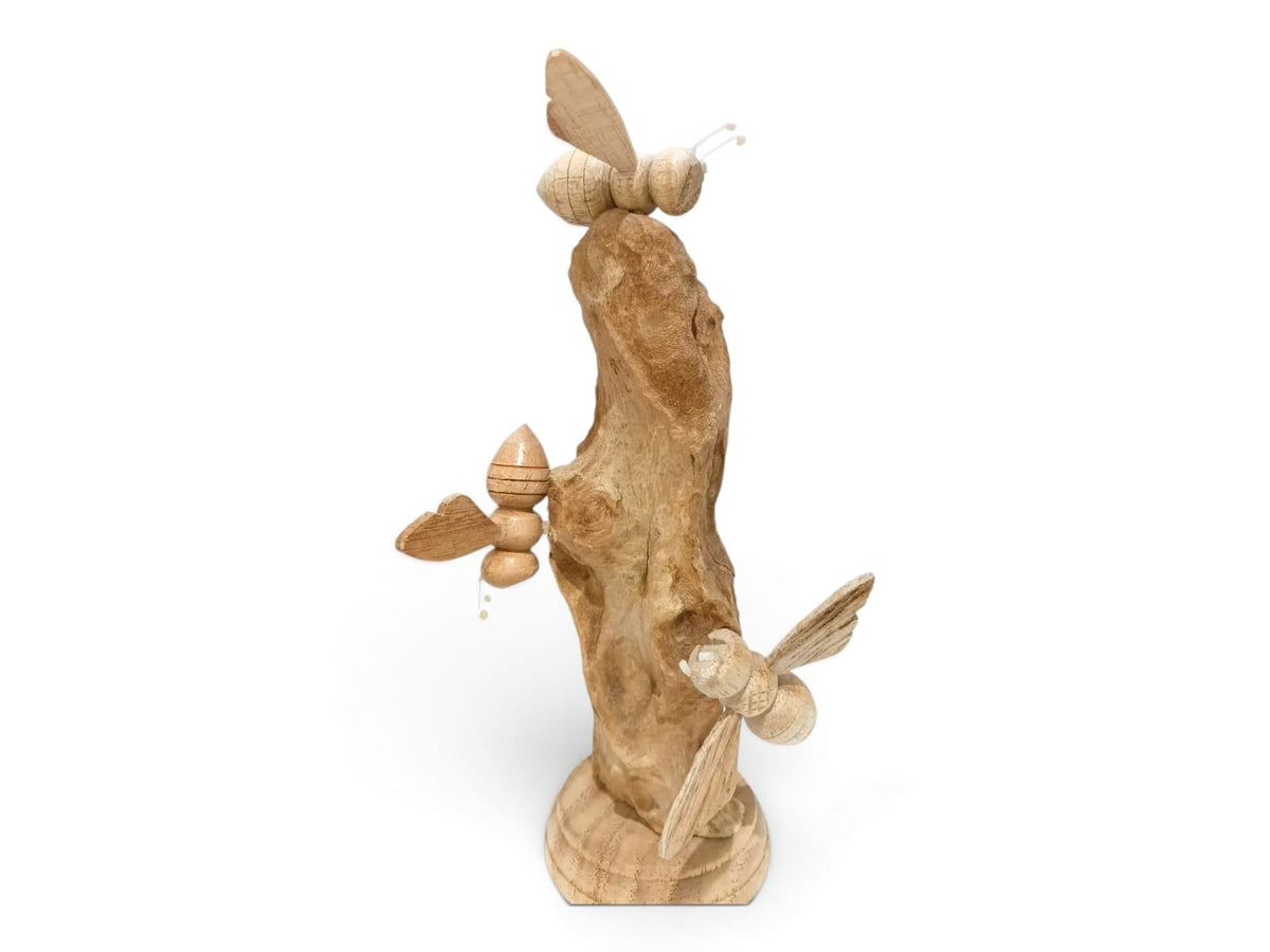 Hand-Carved Wooden Three Bees Sculpture on Natural Wood Stand