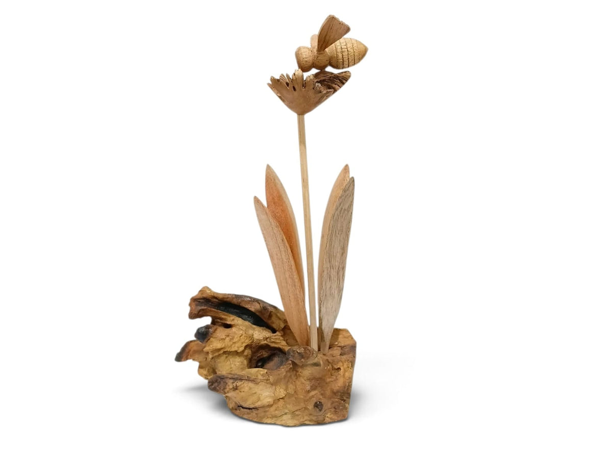 Hand-Carved Wooden Bee on Flower Sculpture with Natural Wood Base