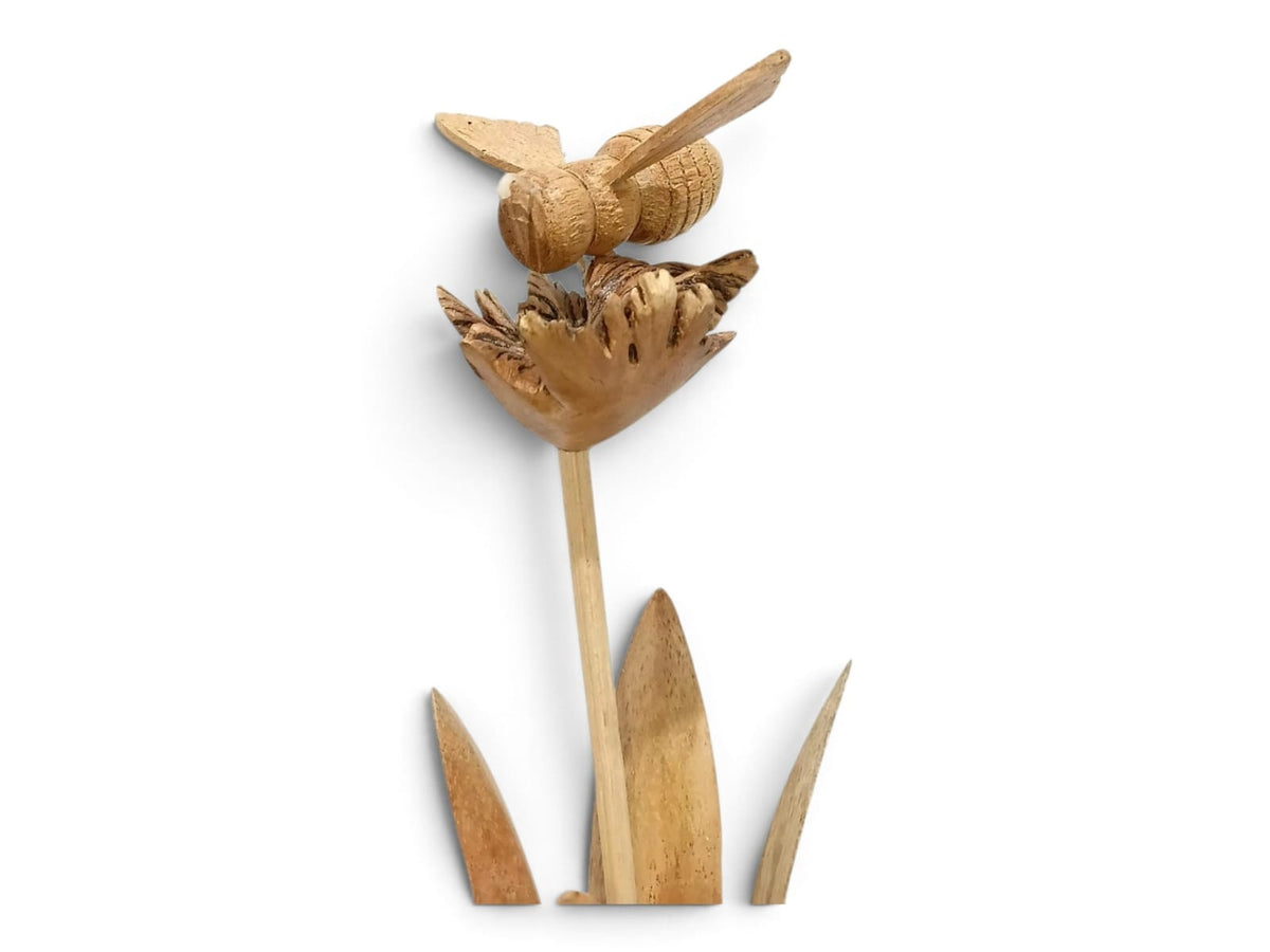 Hand-Carved Wooden Bee on Flower Sculpture with Natural Wood Base