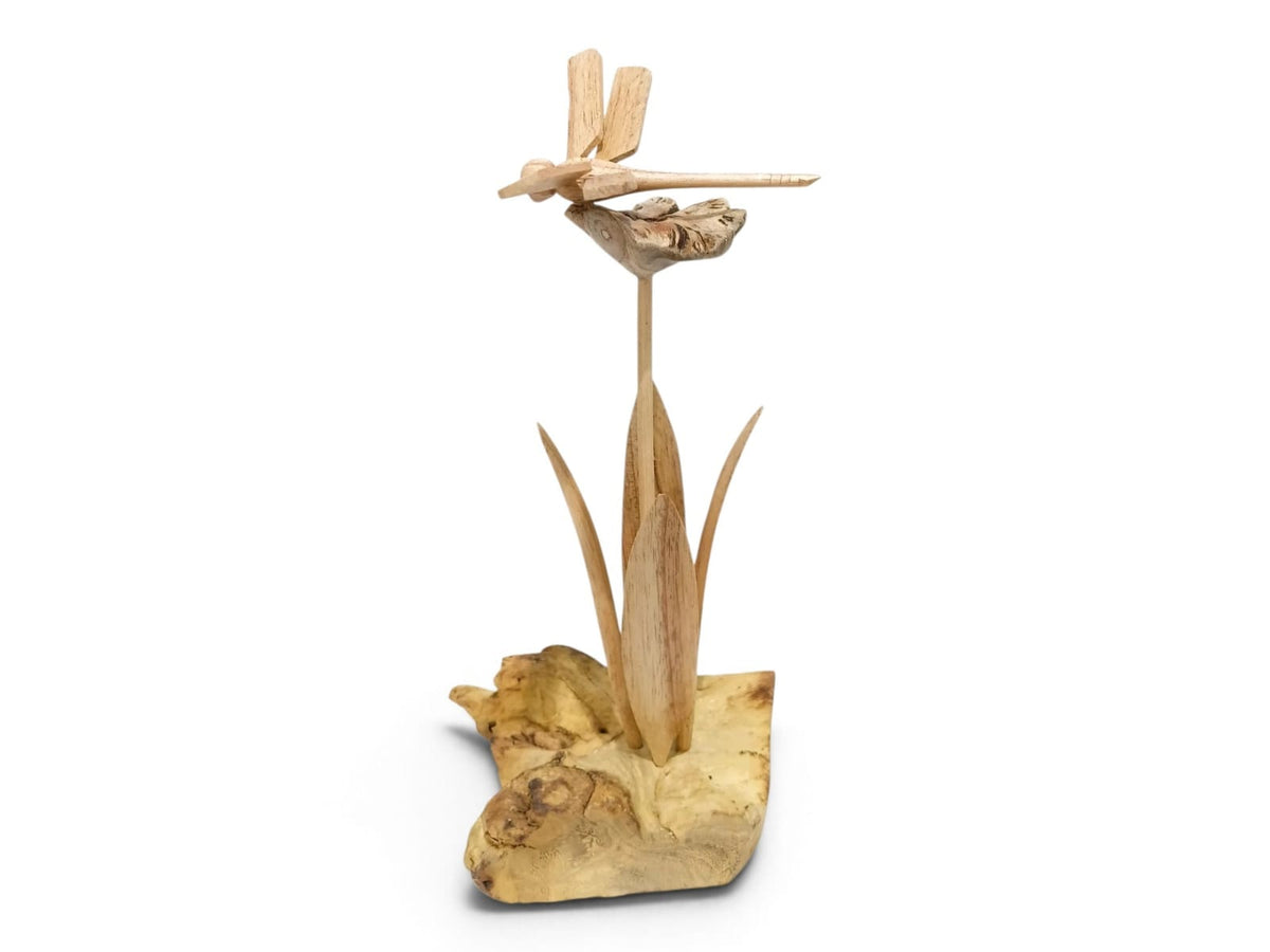 Hand-Carved Wooden Dragonfly on Flower Sculpture with Natural Wood Base
