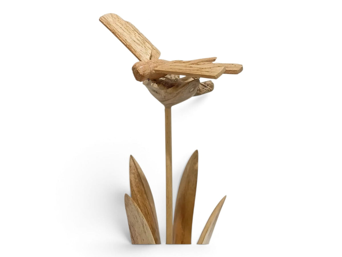 Hand-Carved Wooden Dragonfly on Flower Sculpture with Natural Wood Base