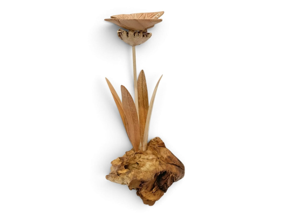 Hand-Carved Wooden Butterfly on Flower Sculpture with Natural Wood Base