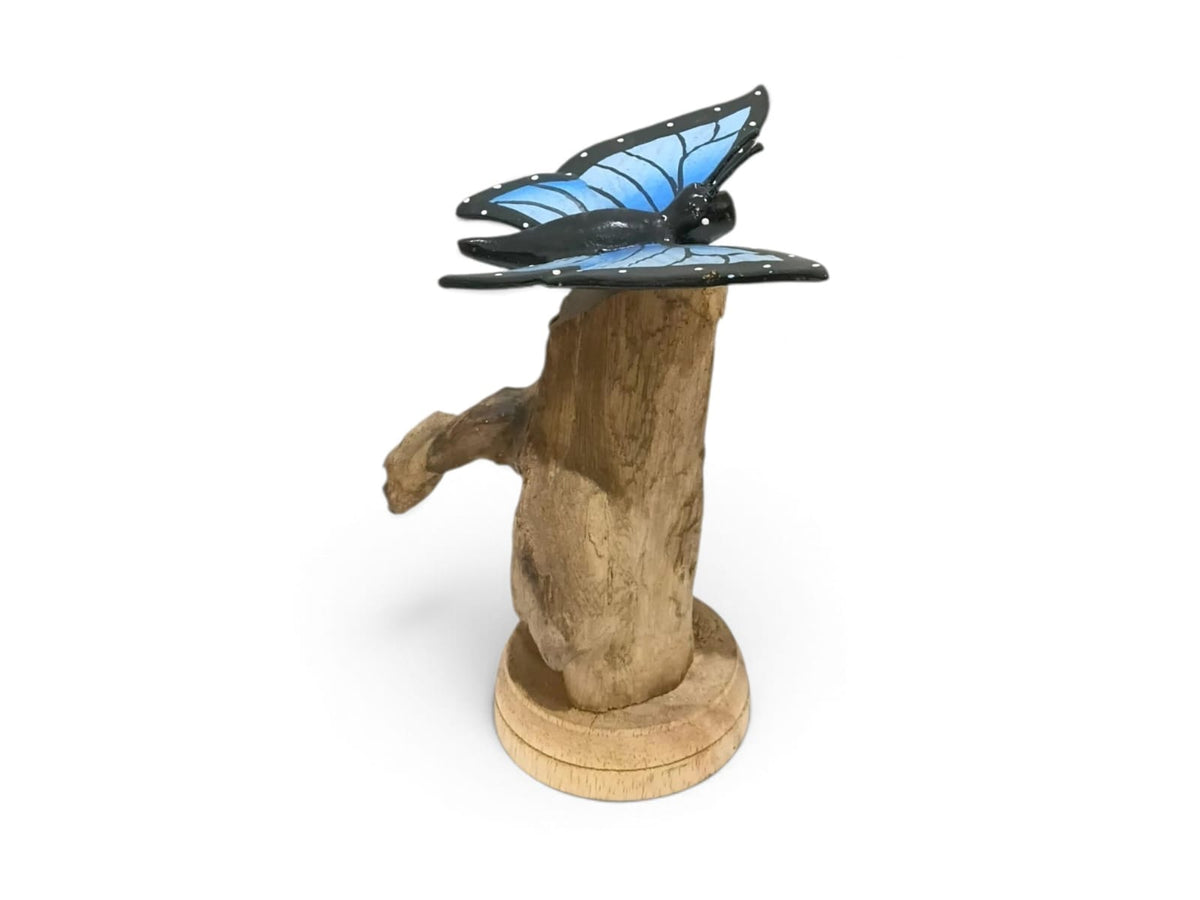 Hand-Painted Blue Wooden Butterfly Sculpture on Natural Wood Stand