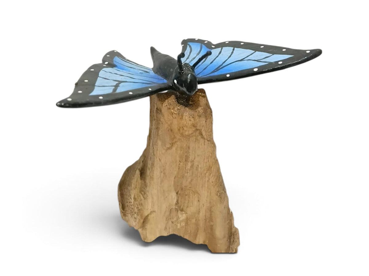 Hand-Painted Blue Wooden Butterfly Sculpture on Natural Wood Stand