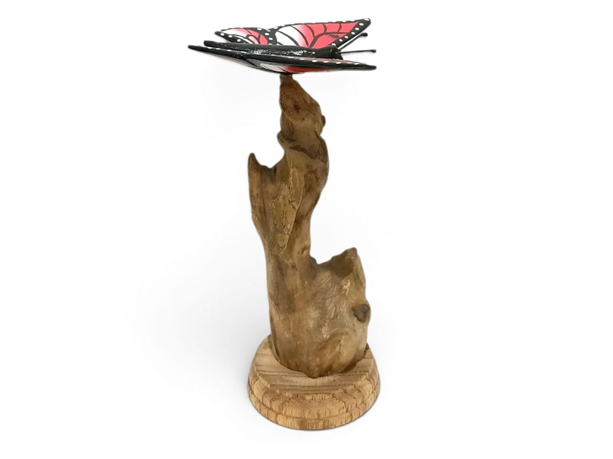 Hand-Painted Red Wooden Butterfly Sculpture on Natural Wood Stand