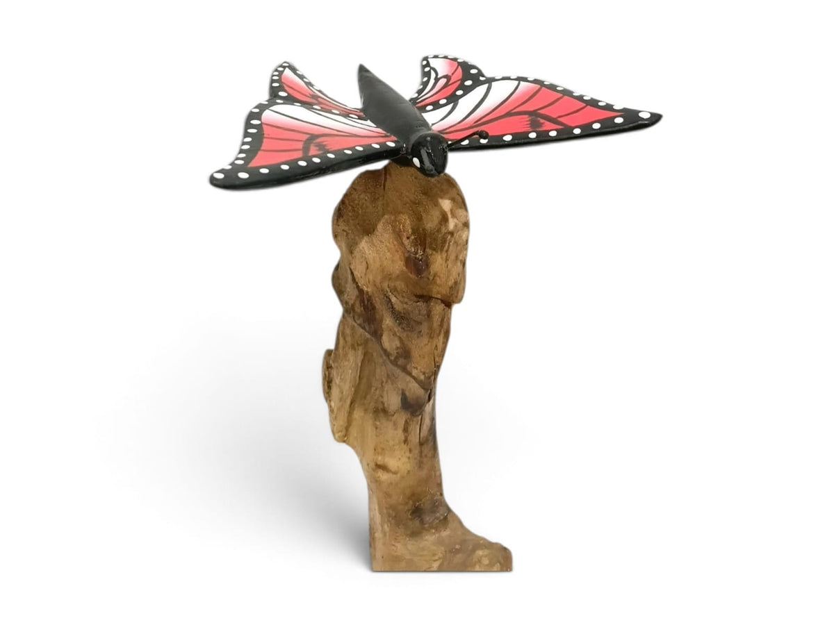 Hand-Painted Red Wooden Butterfly Sculpture on Natural Wood Stand