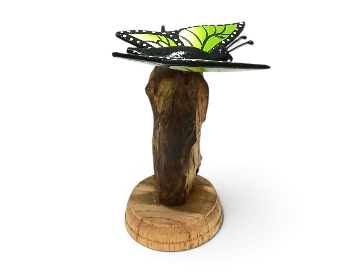 Hand-Painted Green Wooden Butterfly Sculpture on Natural Wood Stand