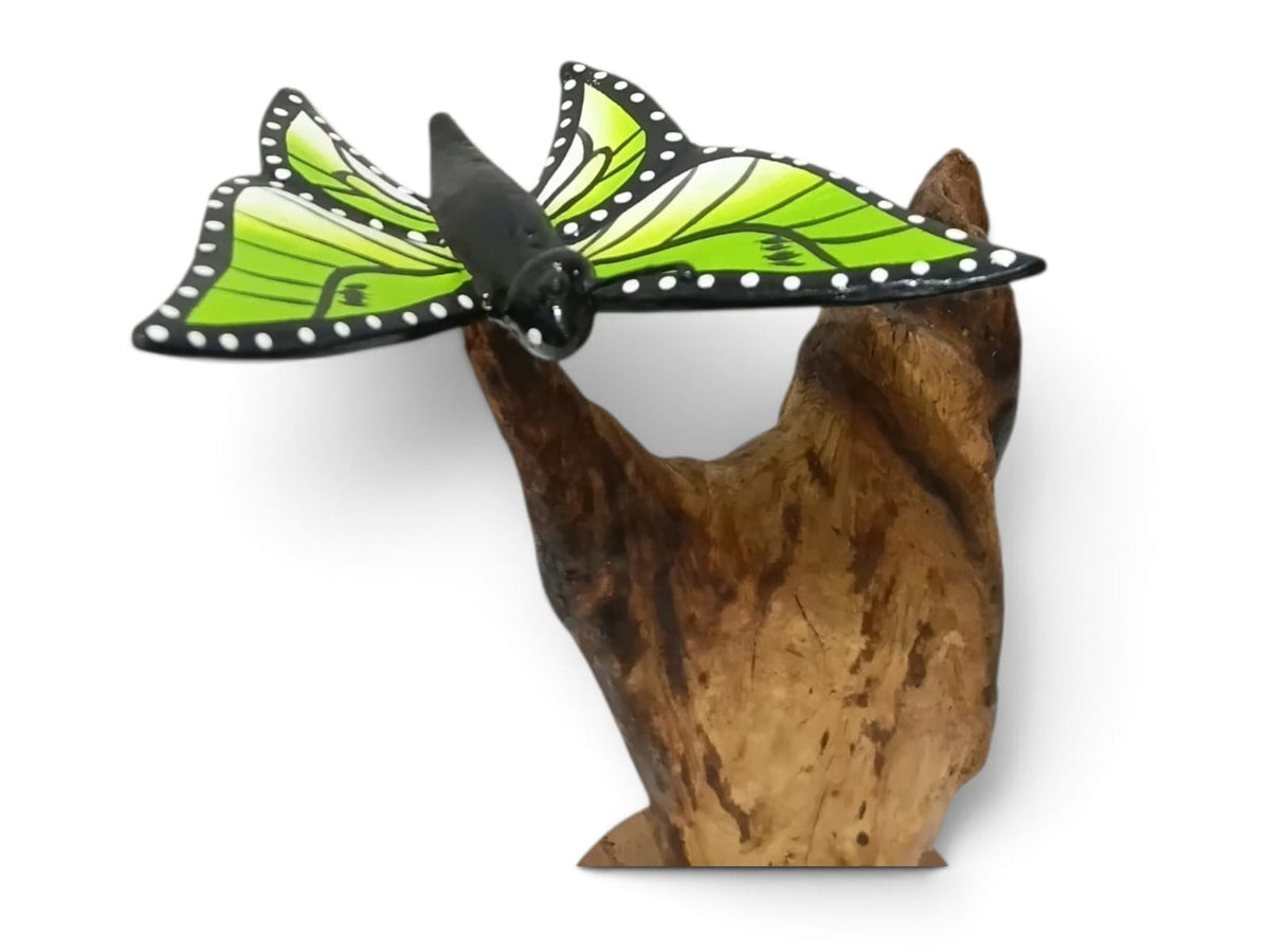 Hand-Painted Green Wooden Butterfly Sculpture on Natural Wood Stand