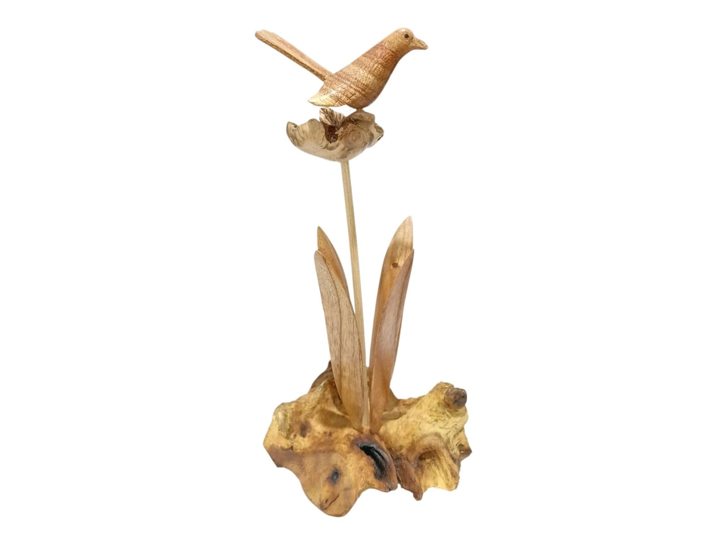 Hand Carved Wooden Bird on Lotus Flower and Rootwood Sculpture