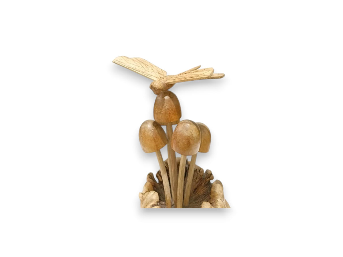 Hand Carved Wooden Dragonfly and Mushroom on Natural Rootwood Sculpture