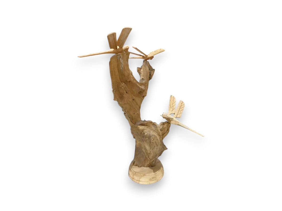 Three Hand Carved Wooden Dragonflies on Natural Rootwood Sculpture