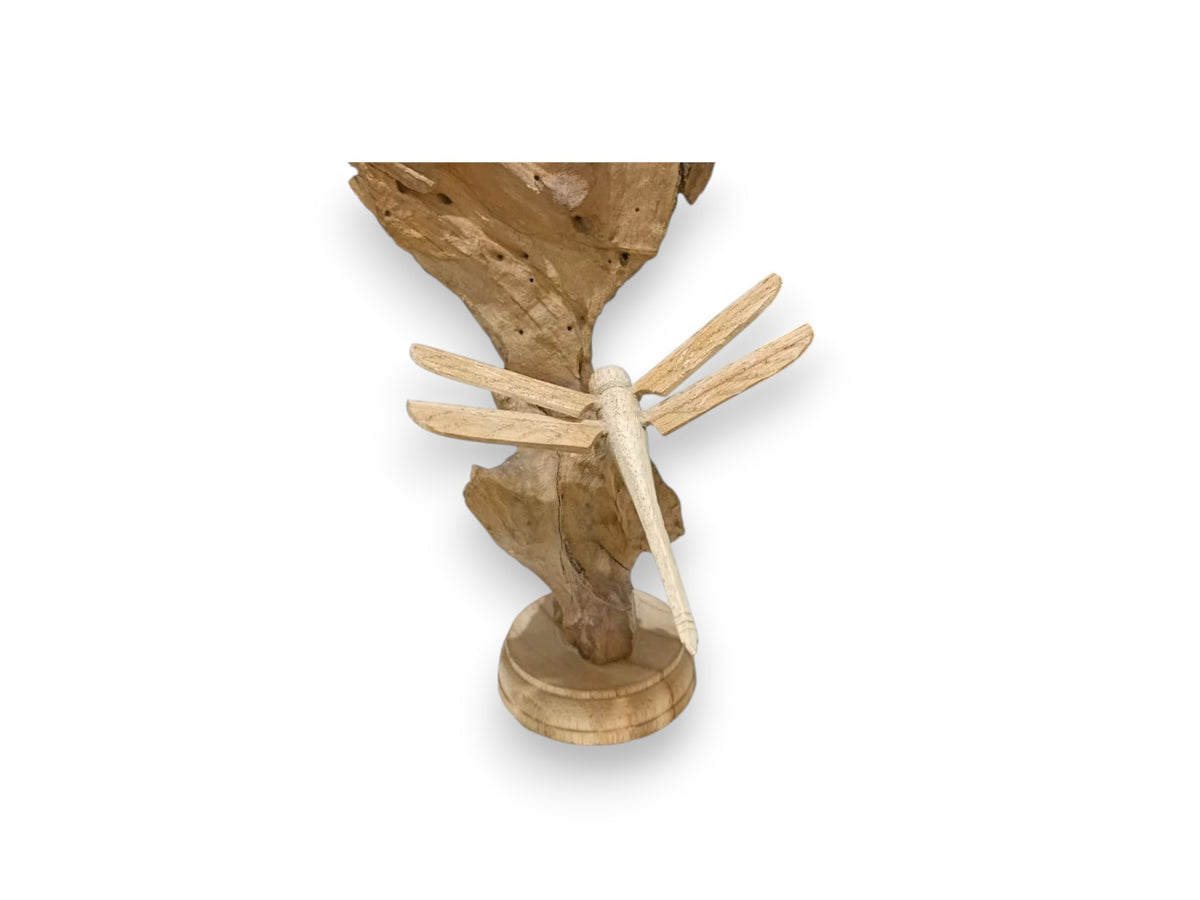 Three Hand Carved Wooden Dragonflies on Natural Rootwood Sculpture