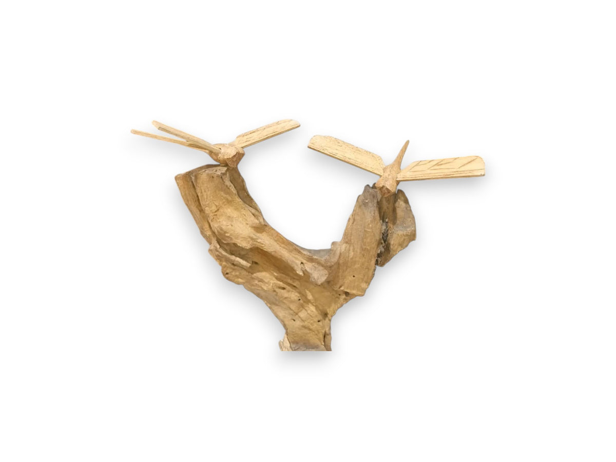 Three Hand Carved Wooden Dragonflies on Natural Rootwood Sculpture