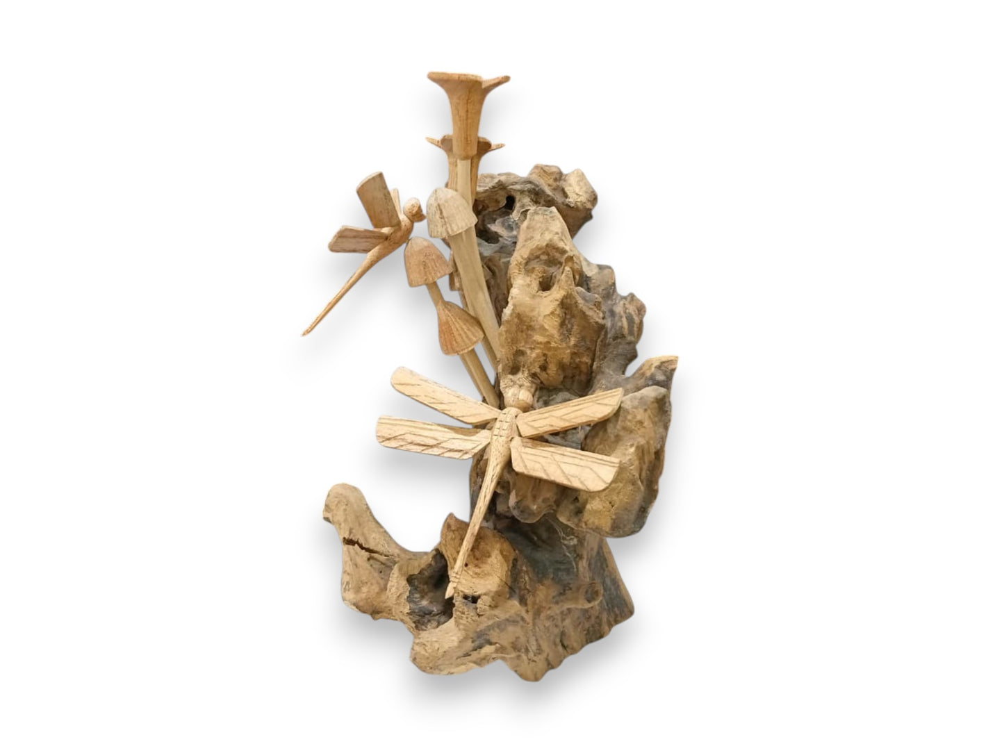 Two Hand Carved Wooden Dragonflies and Mushrooms on Natural Rootwood Sculpture