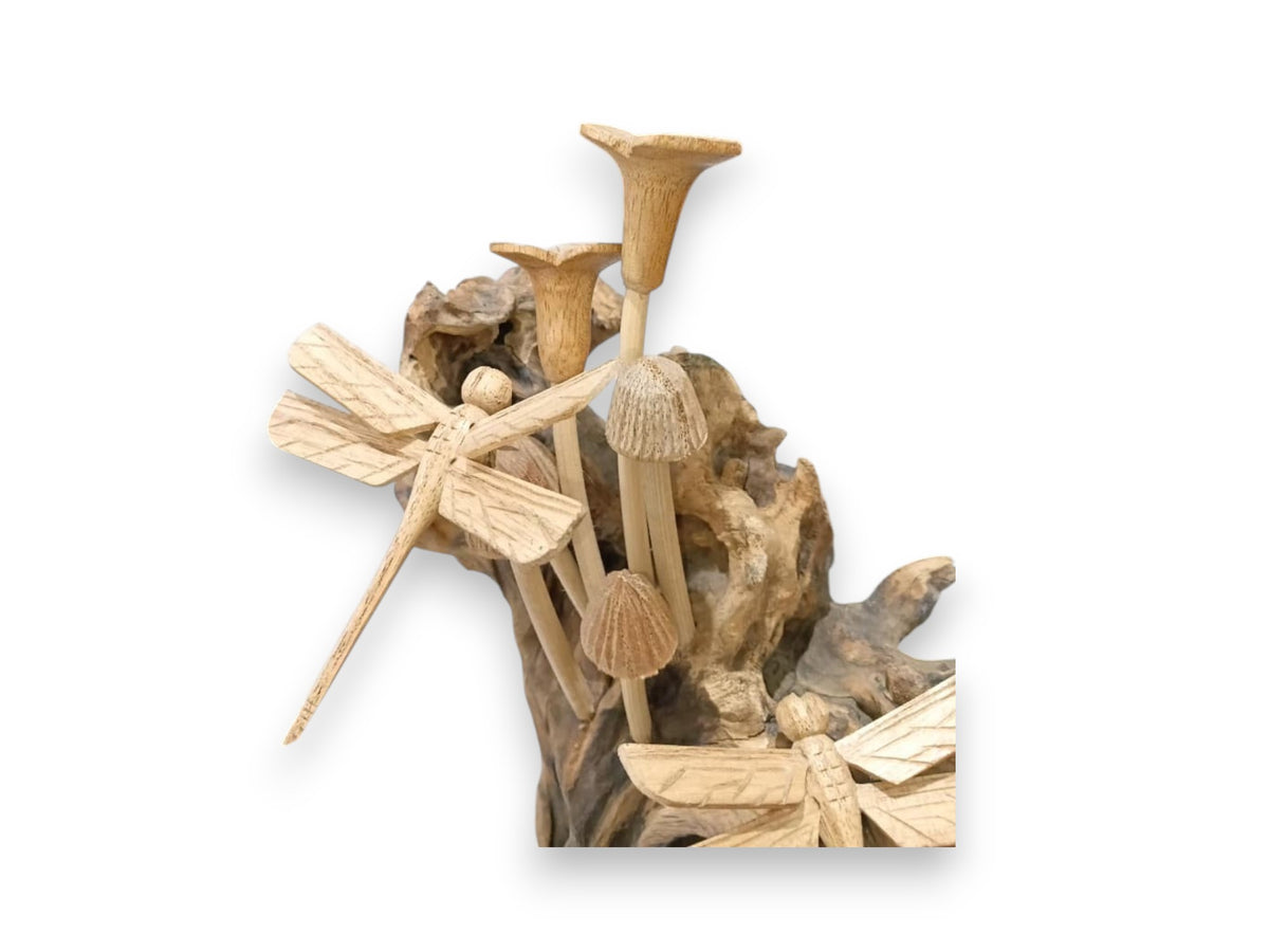 Two Hand Carved Wooden Dragonflies and Mushrooms on Natural Rootwood Sculpture