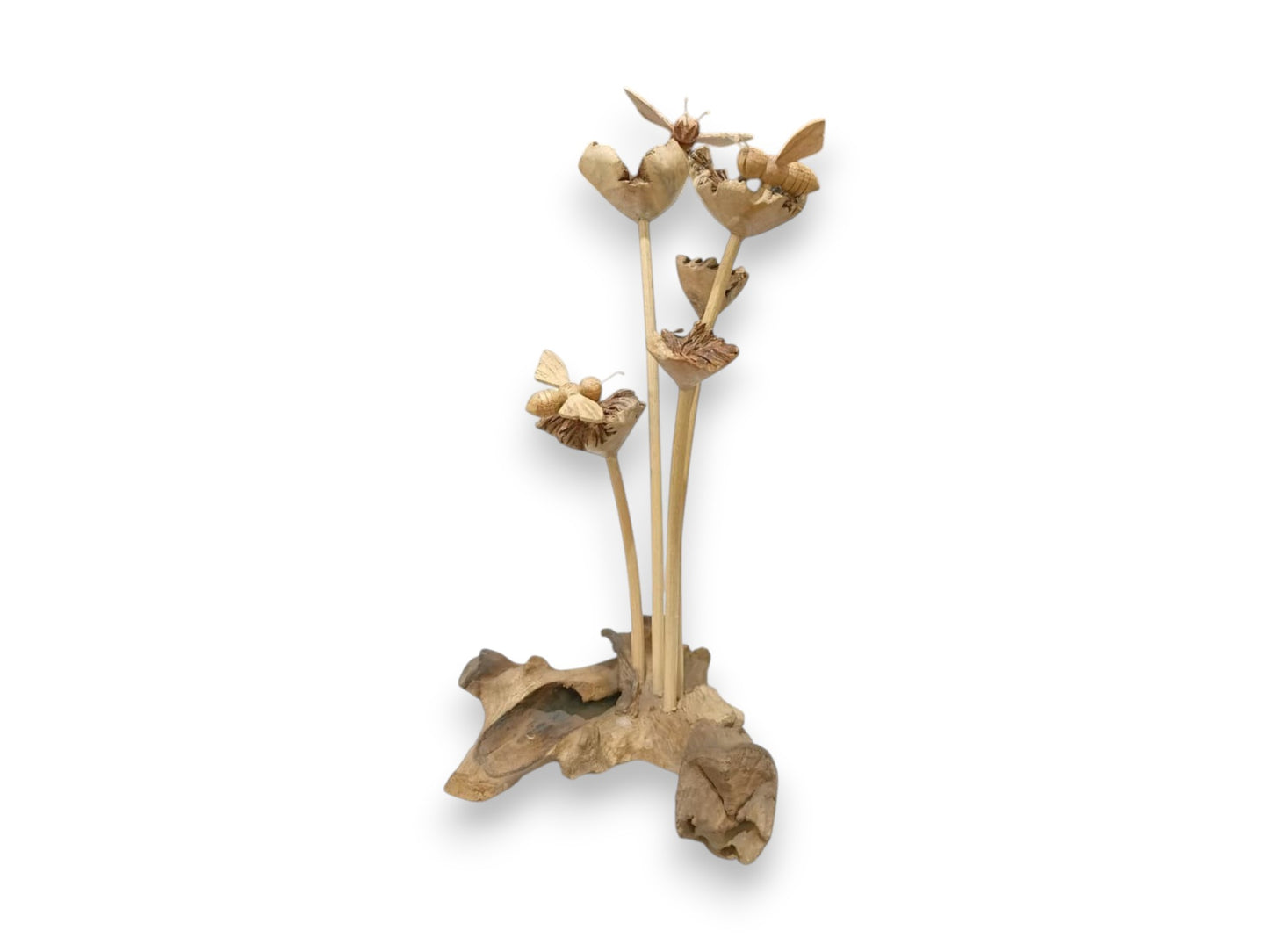 Three Hand Carved Wooden Bees on Wildflowers and Natural Rootwood Sculpture