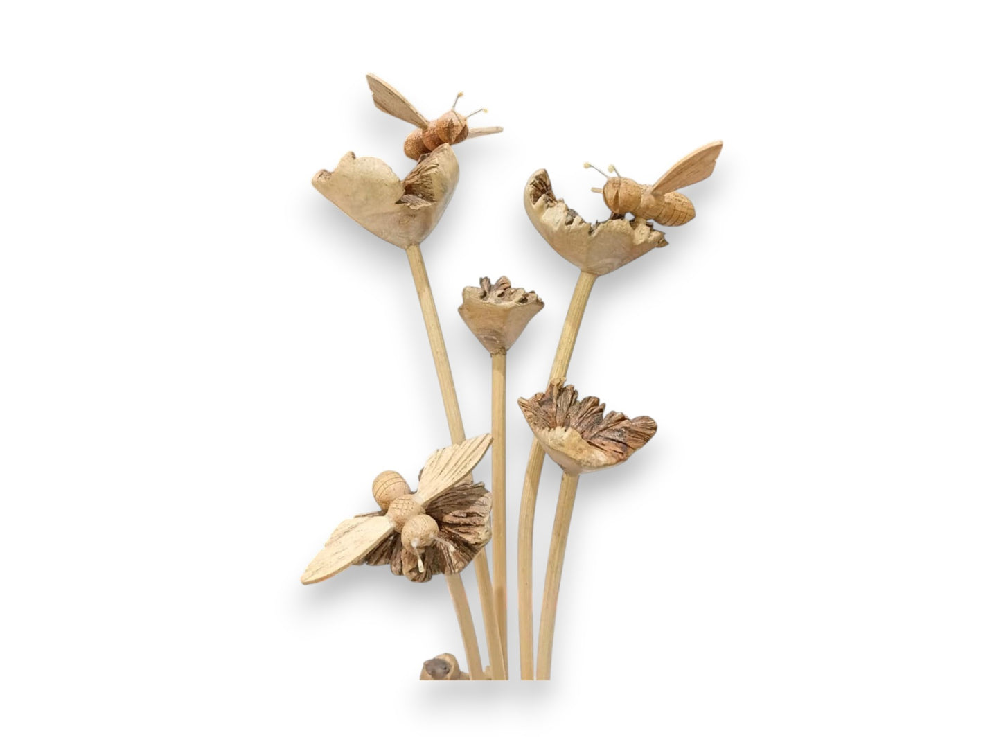 Three Hand Carved Wooden Bees on Wildflowers and Natural Rootwood Sculpture