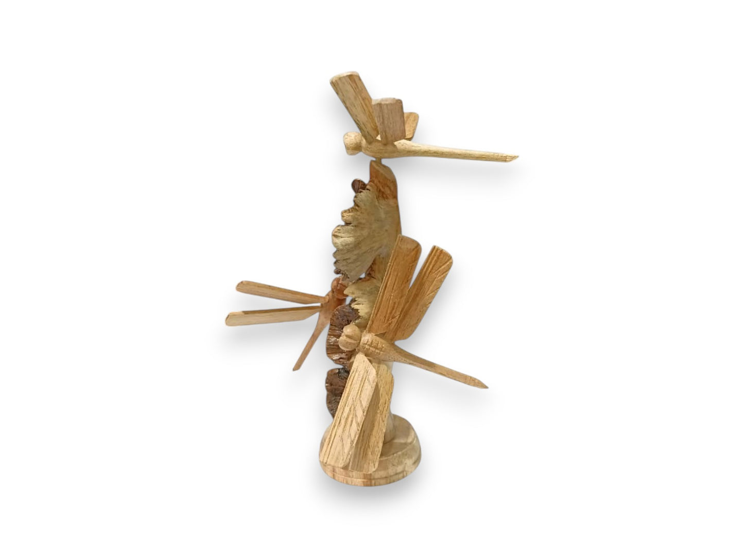 Three Hand Carved Wooden Dragonflies and Bracket Mushrooms Sculpture