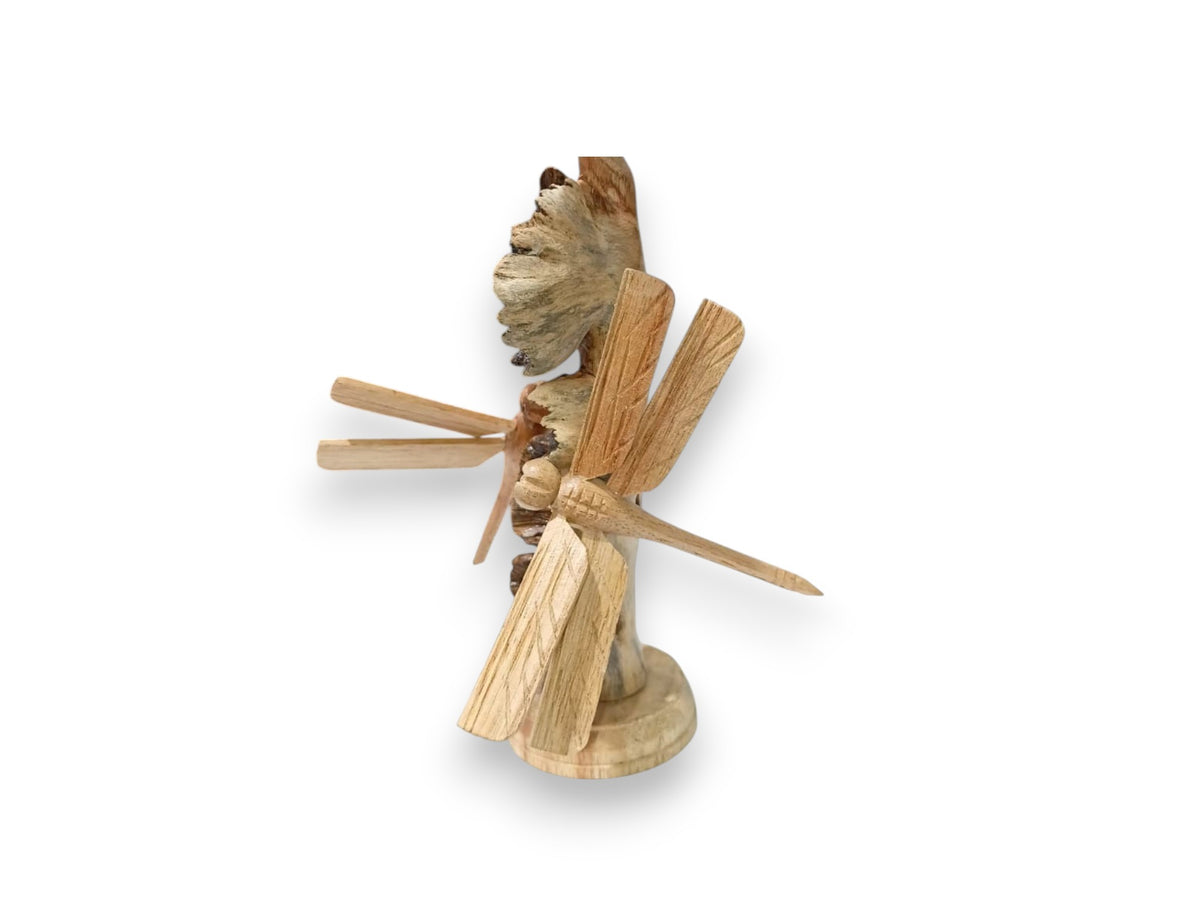 Three Hand Carved Wooden Dragonflies and Bracket Mushrooms Sculpture