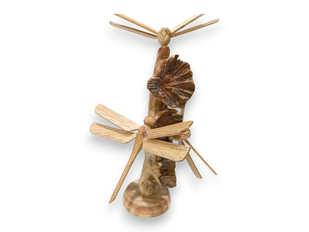 Three Hand Carved Wooden Dragonflies and Bracket Mushrooms Sculpture