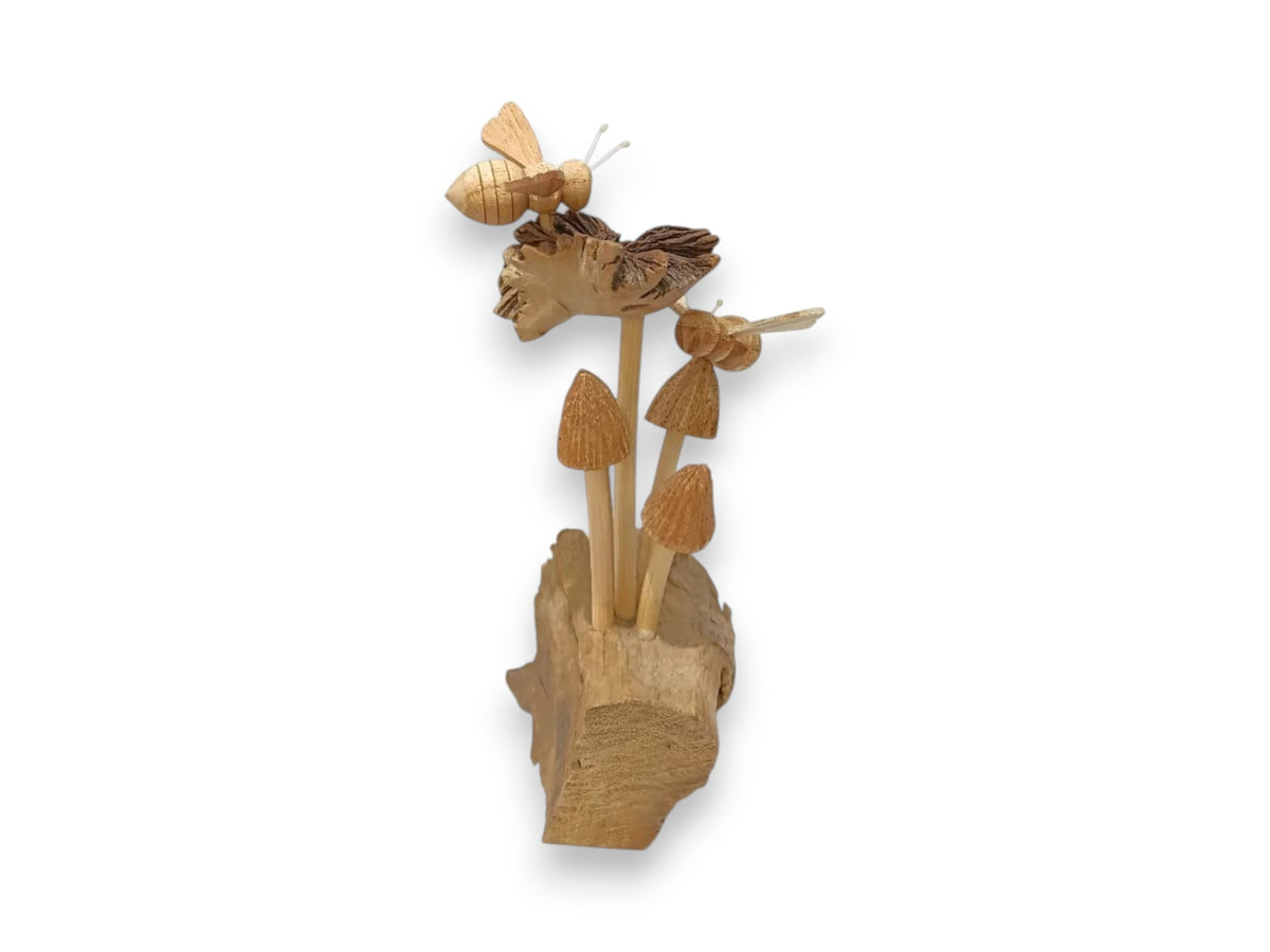 Two Hand Carved Wooden Bees with Wildflower and Mushrooms on Driftwood Sculpture