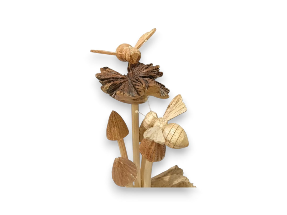 Two Hand Carved Wooden Bees with Wildflower and Mushrooms on Driftwood Sculpture