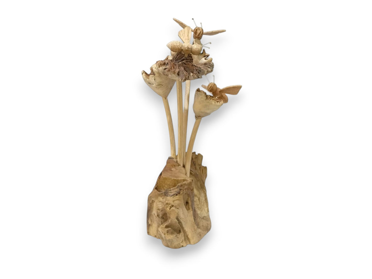 Three Hand Carved Wooden Bees on Wildflowers and Natural Rootwood Sculpture