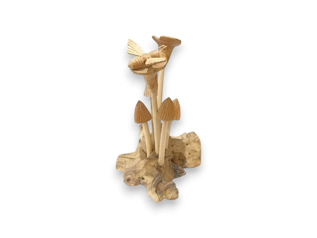 Hand Carved Wooden Bee with Wildflowers and Mushrooms on Natural Rootwood Sculpture