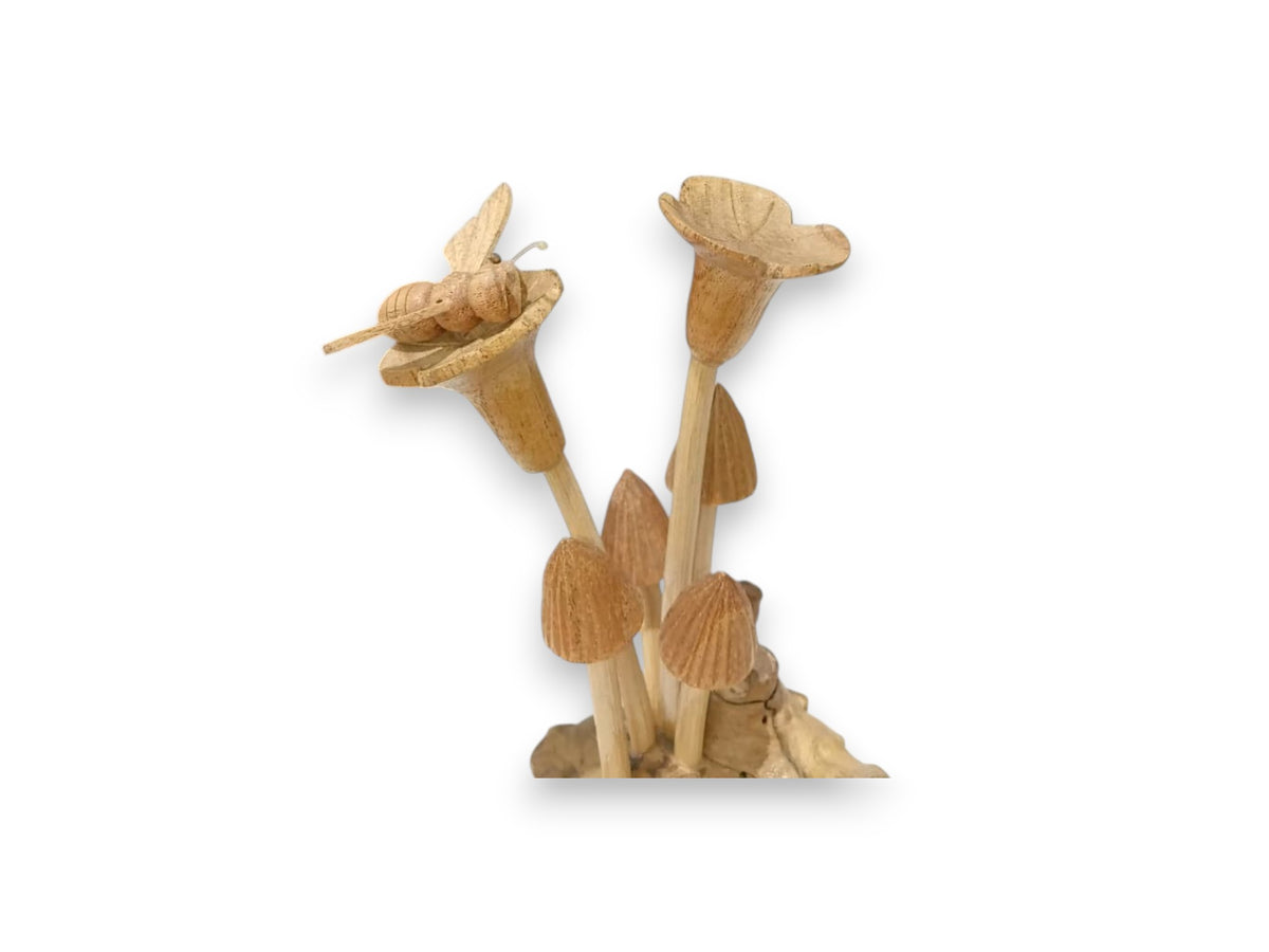 Hand Carved Wooden Bee with Wildflowers and Mushrooms on Natural Rootwood Sculpture