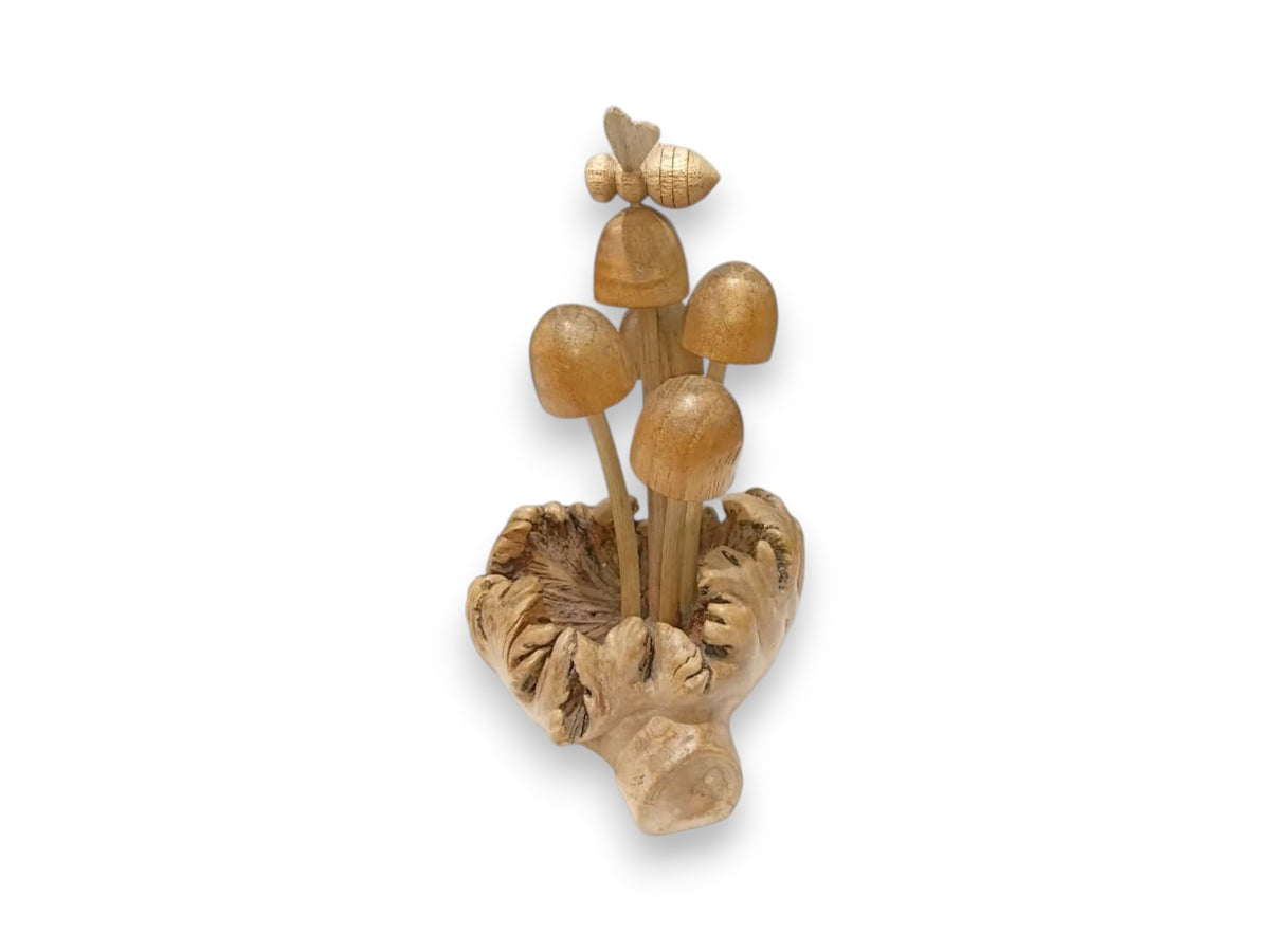 Hand Carved Wooden Bee with Five Mushrooms on Natural Rootwood Sculpture