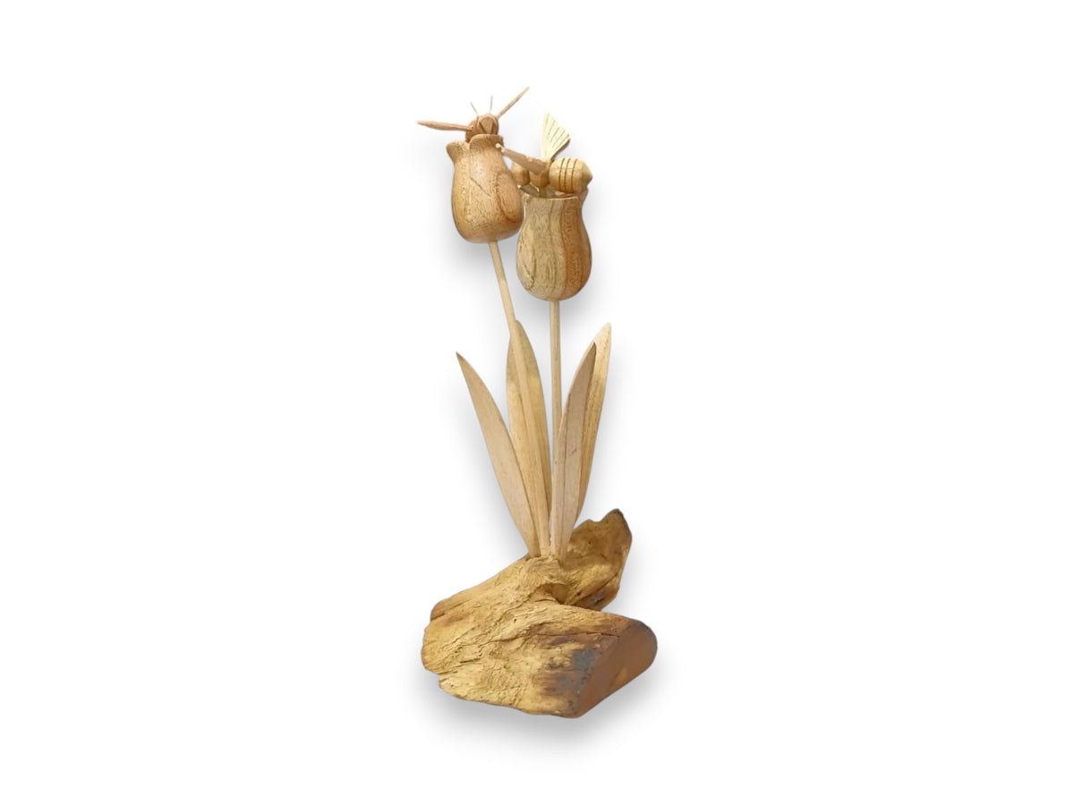 Two Hand Carved Wooden Bees on Tall Wildflowers and Natural Rootwood Sculpture