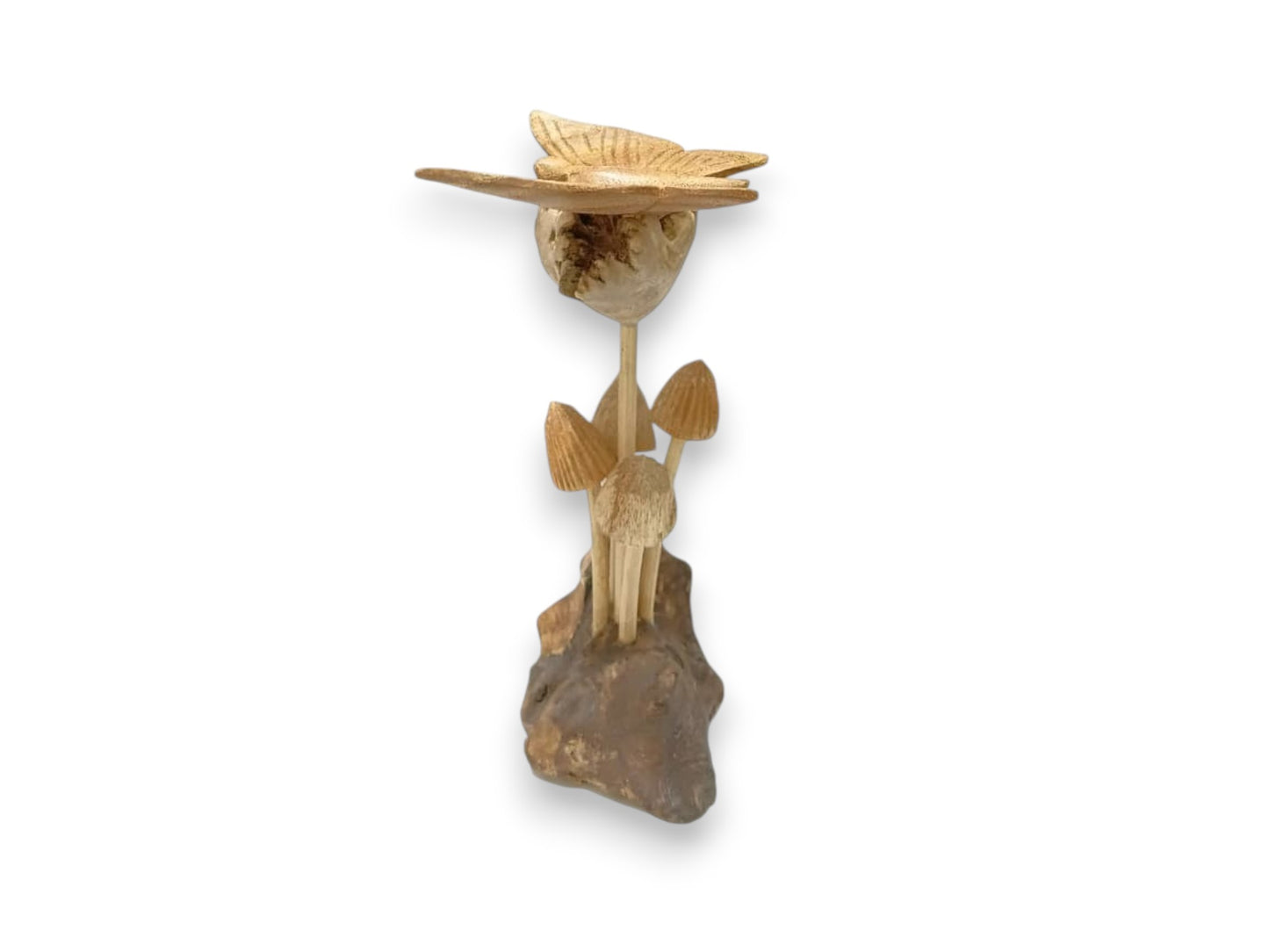 Hand Carved Wooden Butterfly with Wildflower and Four Mushrooms on Natural Rootwood Sculpture