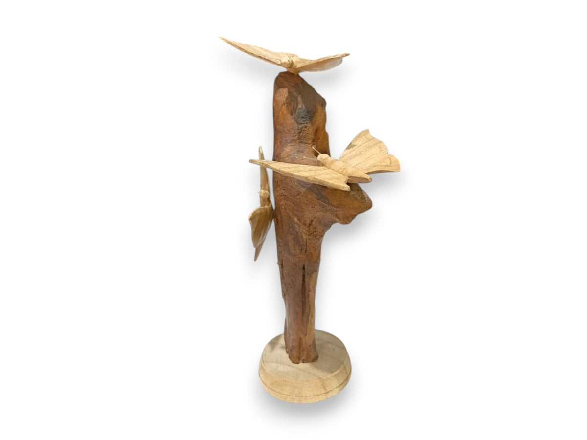 Three Hand Carved Wooden Butterflies on Tall Natural Rootwood Sculpture