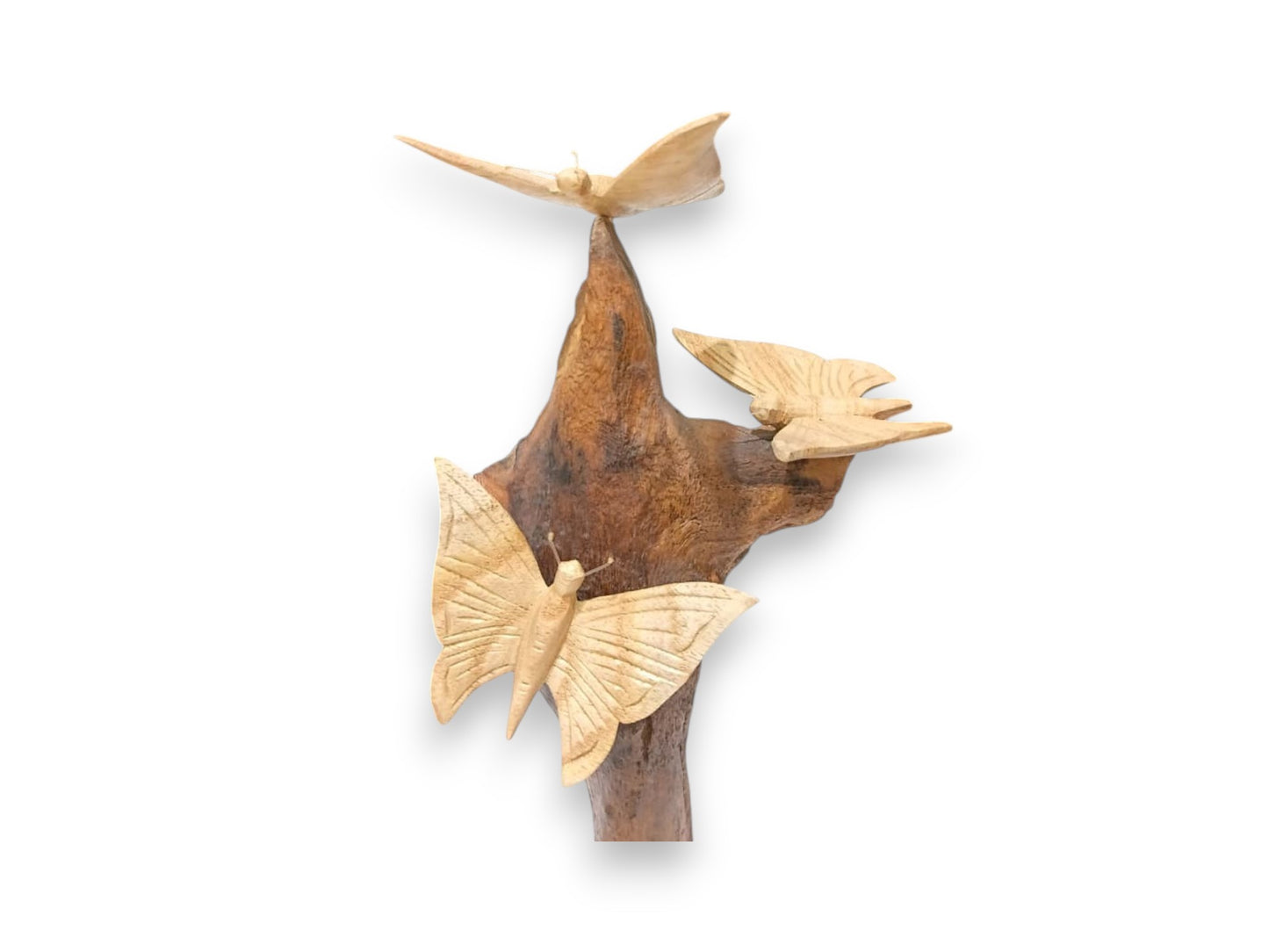 Three Hand Carved Wooden Butterflies on Tall Natural Rootwood Sculpture
