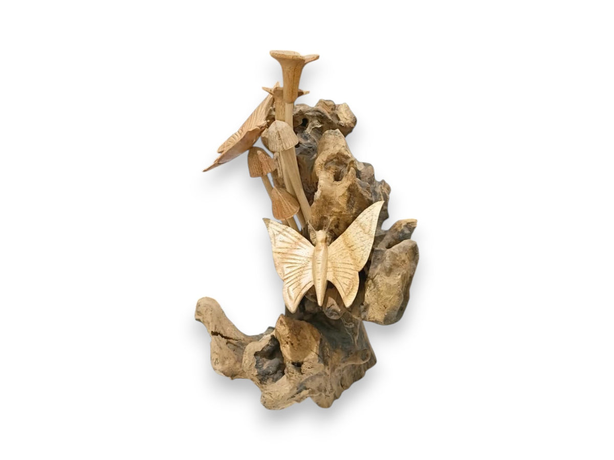 Two Hand Carved Wooden Butterflies with Five Mushrooms on Natural Rootwood Sculpture