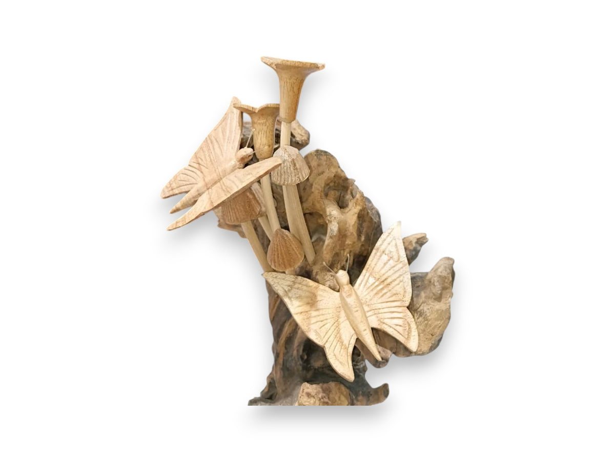 Two Hand Carved Wooden Butterflies with Five Mushrooms on Natural Rootwood Sculpture