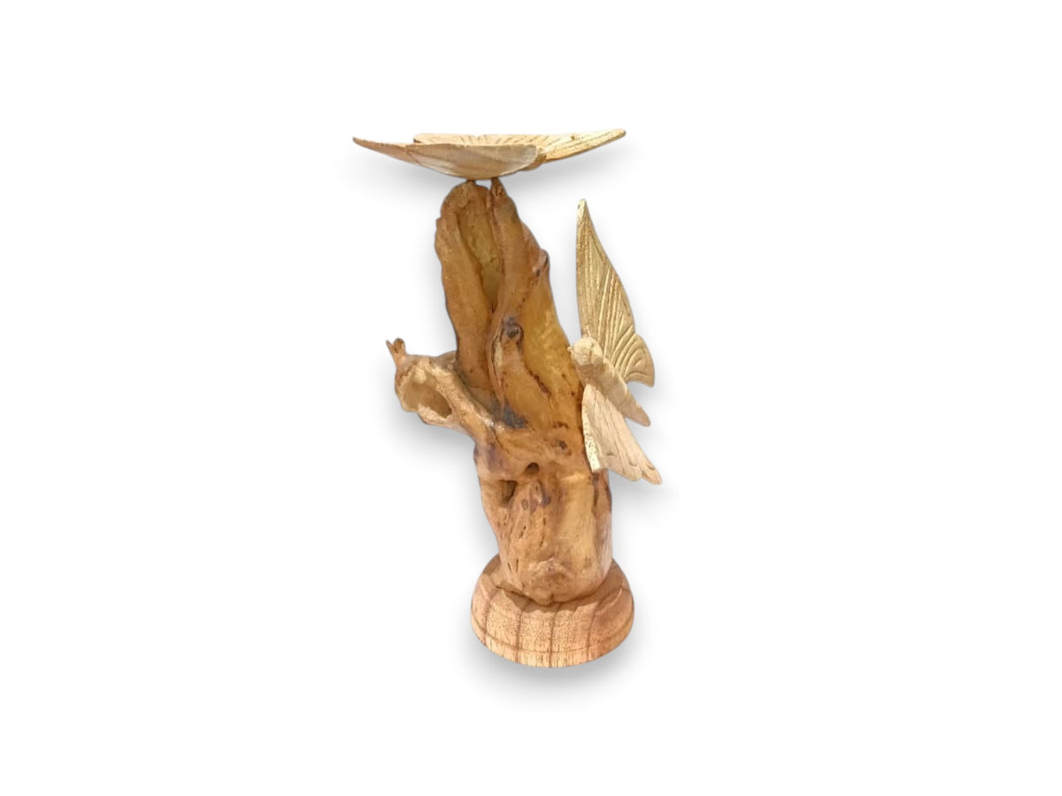 Two Hand Carved Wooden Butterflies on Natural Rootwood Tabletop Sculpture