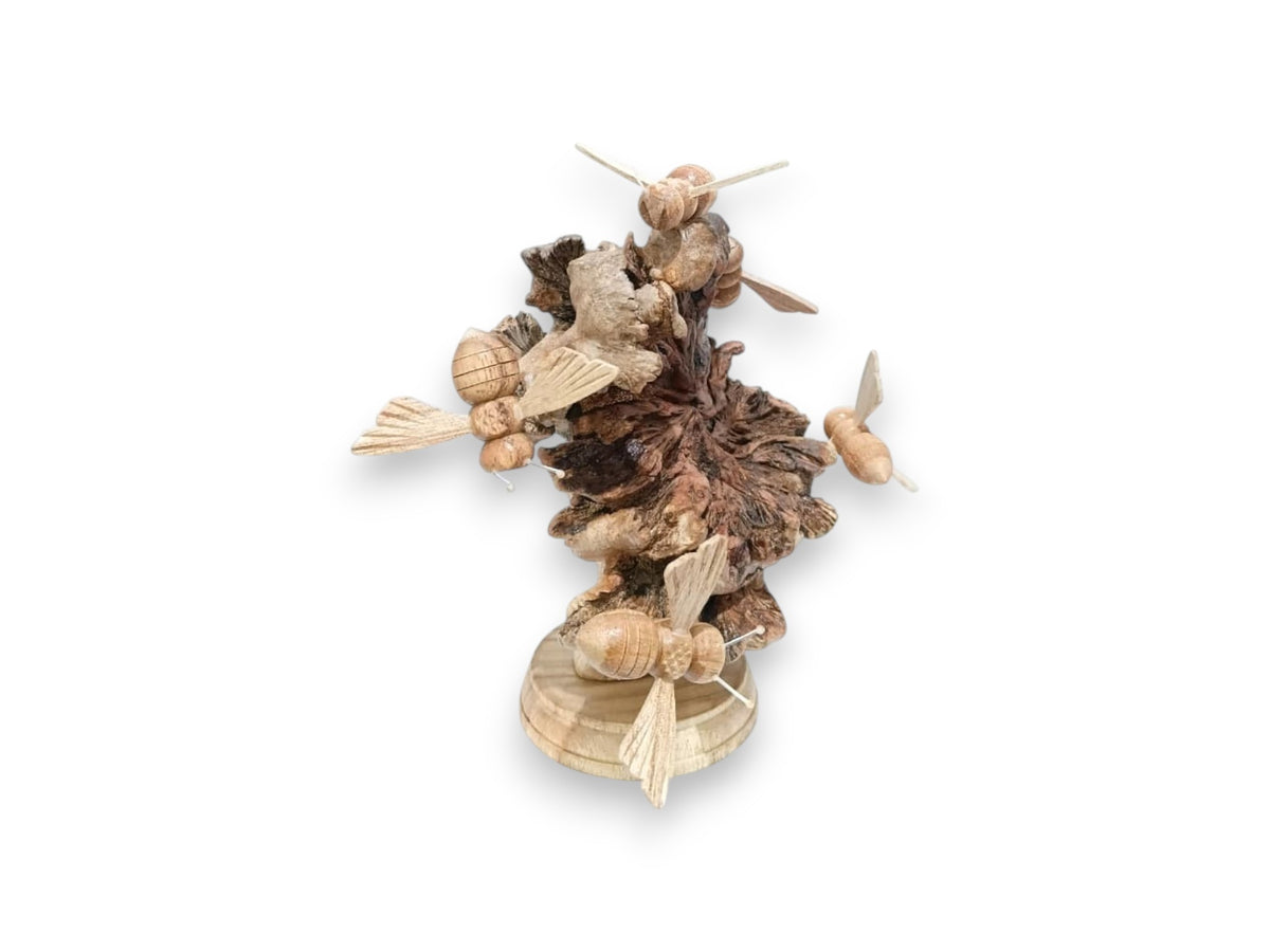 Five Hand-Carved Wooden Bees with Bracket Mushroom Sculpture